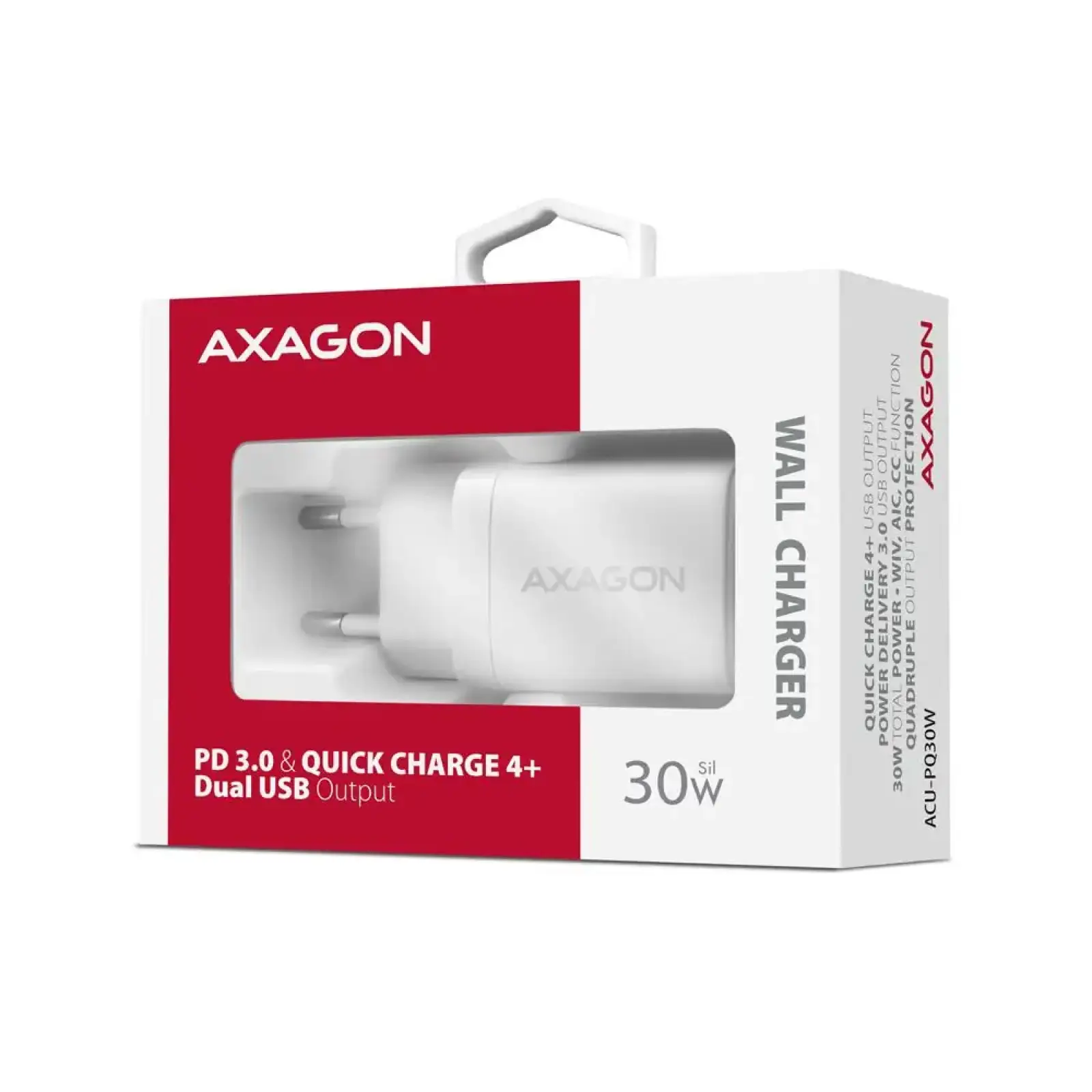 МЗП AXAGON ACU-PQ30W, QC3.0,4.0/AFC/FCP/PPS/Apple + PD type-C, 30W, Білий UA