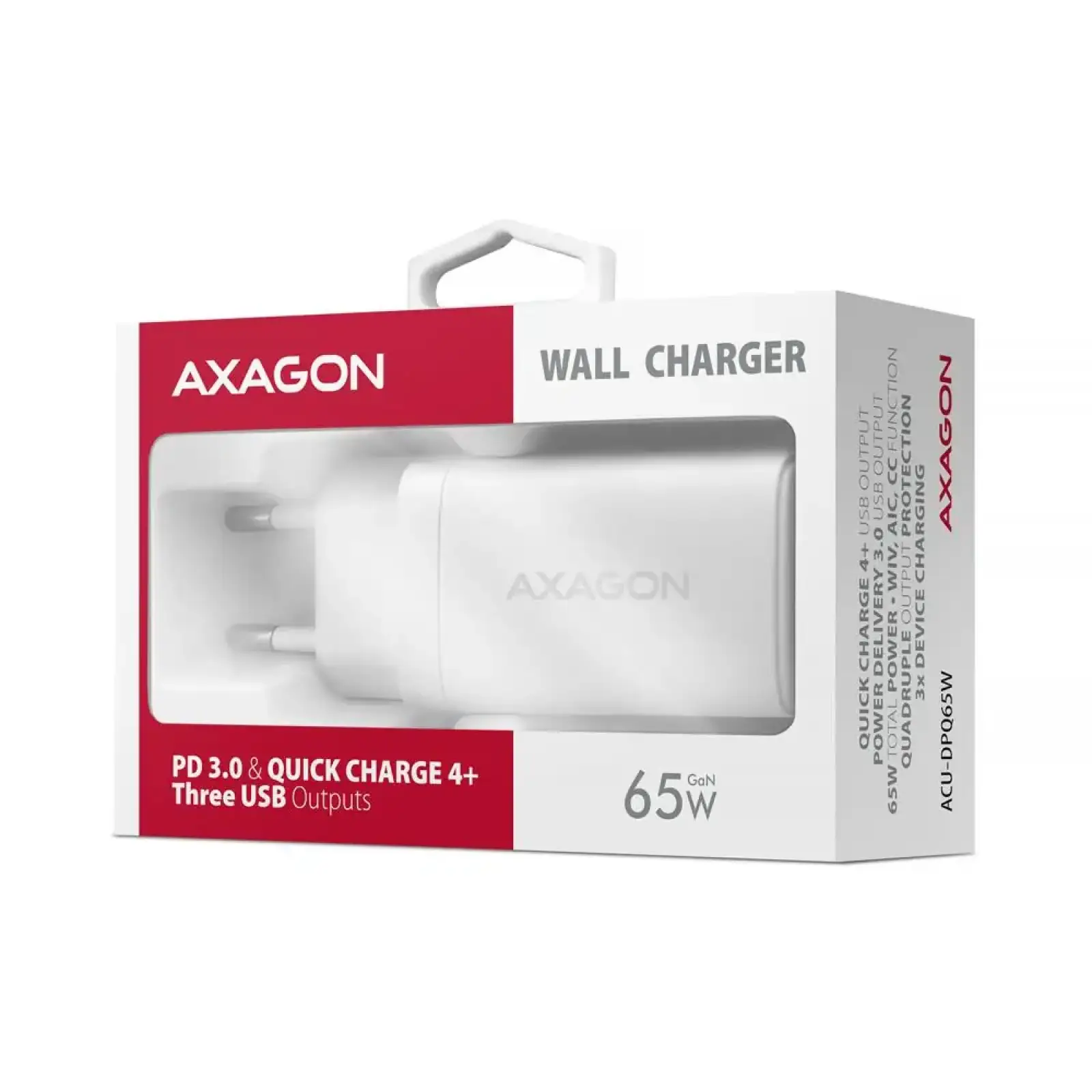 МЗП AXAGON ACU-DPQ65W, 3x port (USB + dual USB-C), PD3.0/QC4+/PPS/Apple, 65W, Білий UA