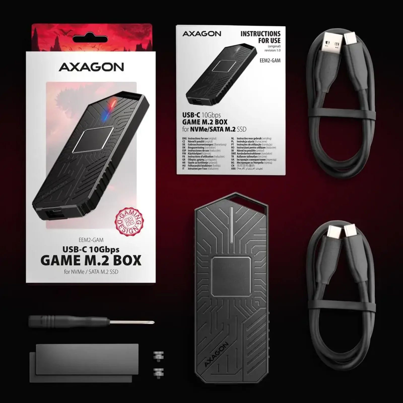 Зовнішній карман для SSD-накопичувачів AXAGON EEM2-GAM USB-C 10Gbps - M.2 NVMe & SATA SSD GAME M.2 box UA