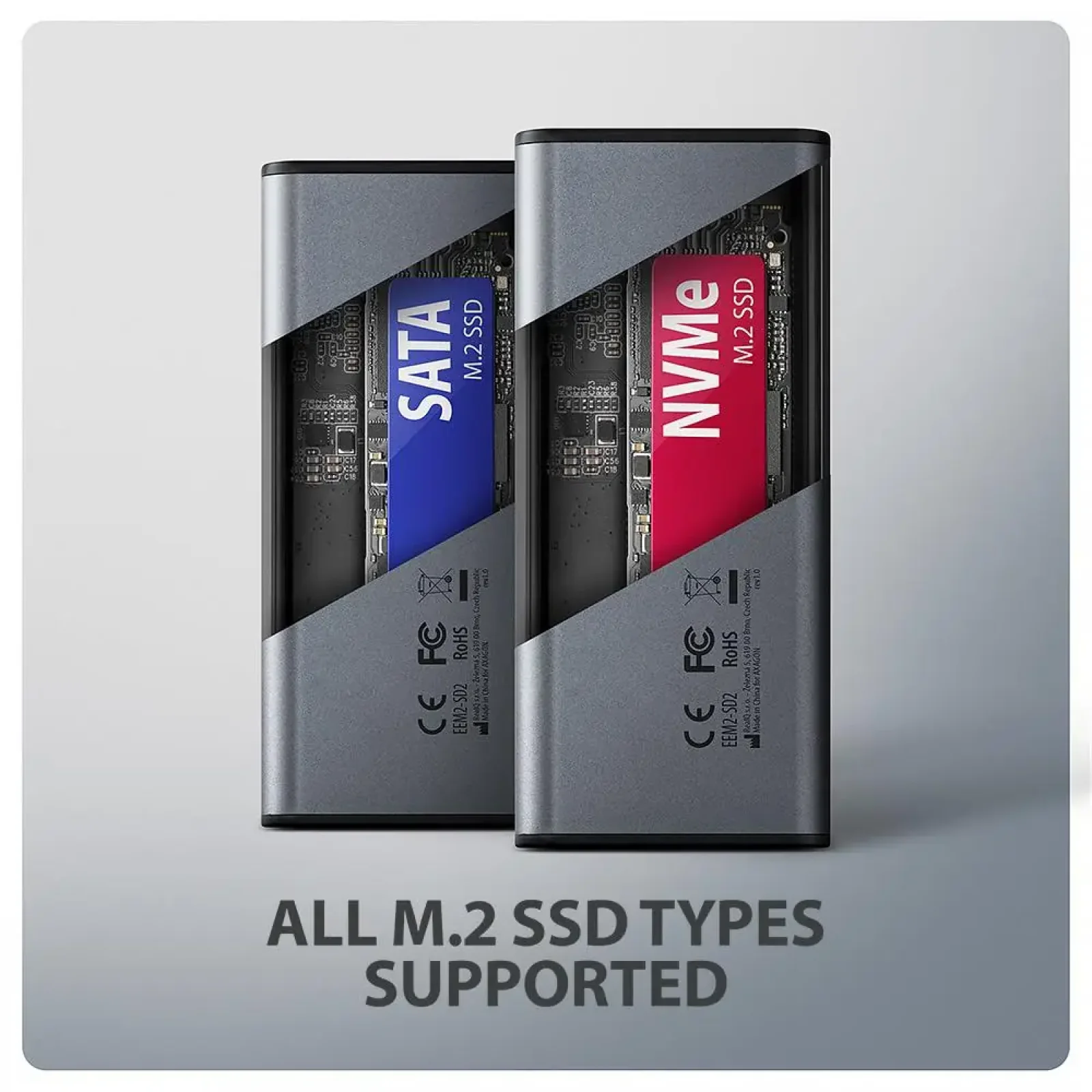 Зовнішній карман для SSD-накопичувачів AXAGON EEM2-SD2 USB-C 10Gbps - M.2 NVMe & SATA SSD DISPLAY box UA