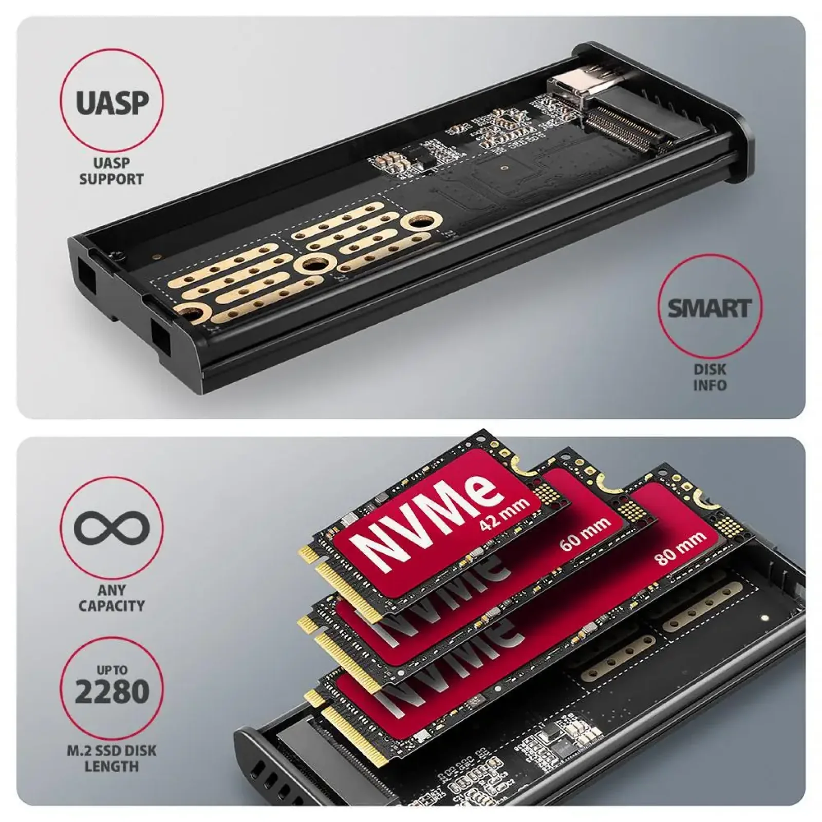 Зовнішній карман для SSD-накопичувачів AXAGON EEM2-SD2 USB-C 10Gbps - M.2 NVMe & SATA SSD DISPLAY box UA