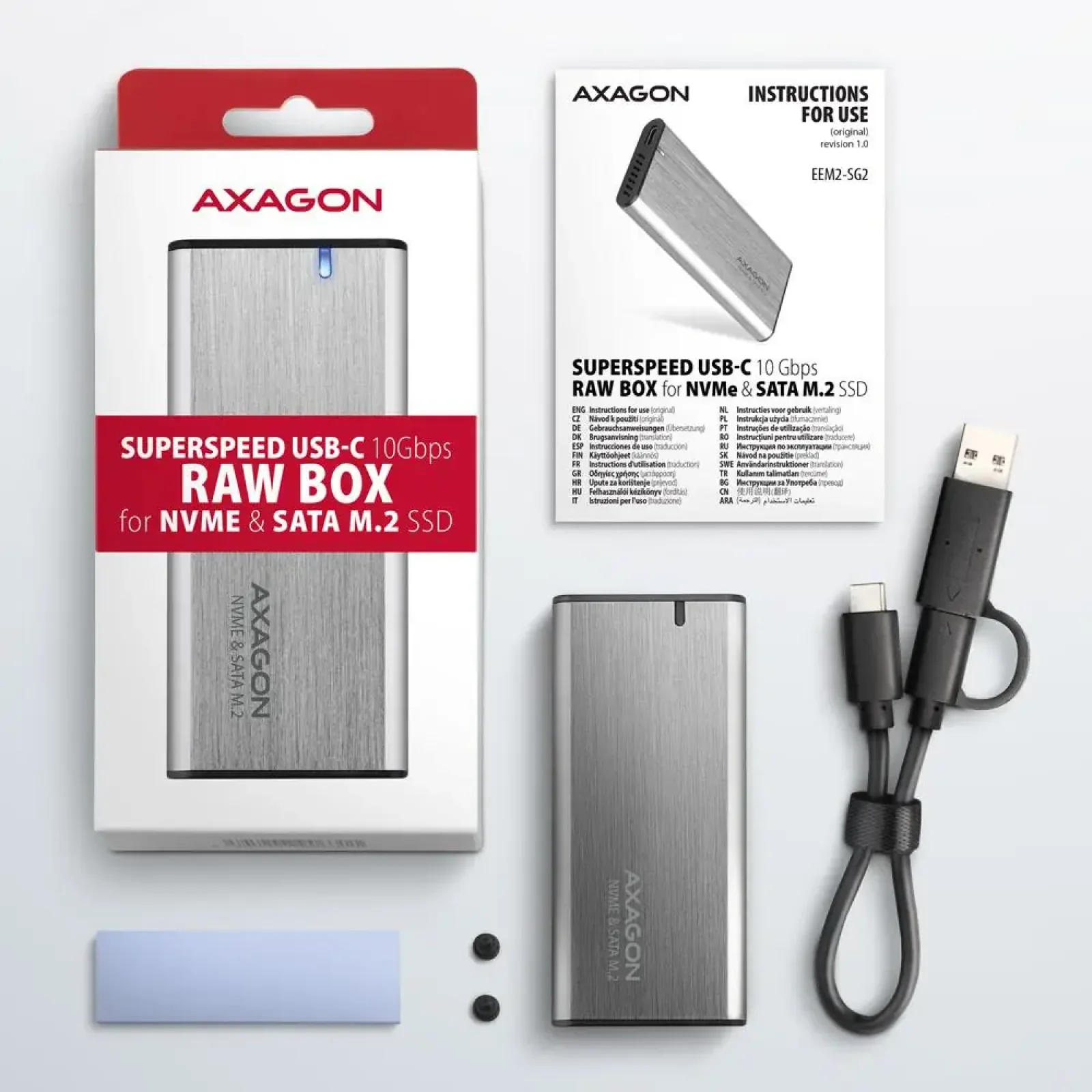 Зовнішній карман для SSD-накопичувачів AXAGON EEM2-SG2 SuperSpeed+ USB-C - M.2 NVMe & SATA SSD RAW box UA