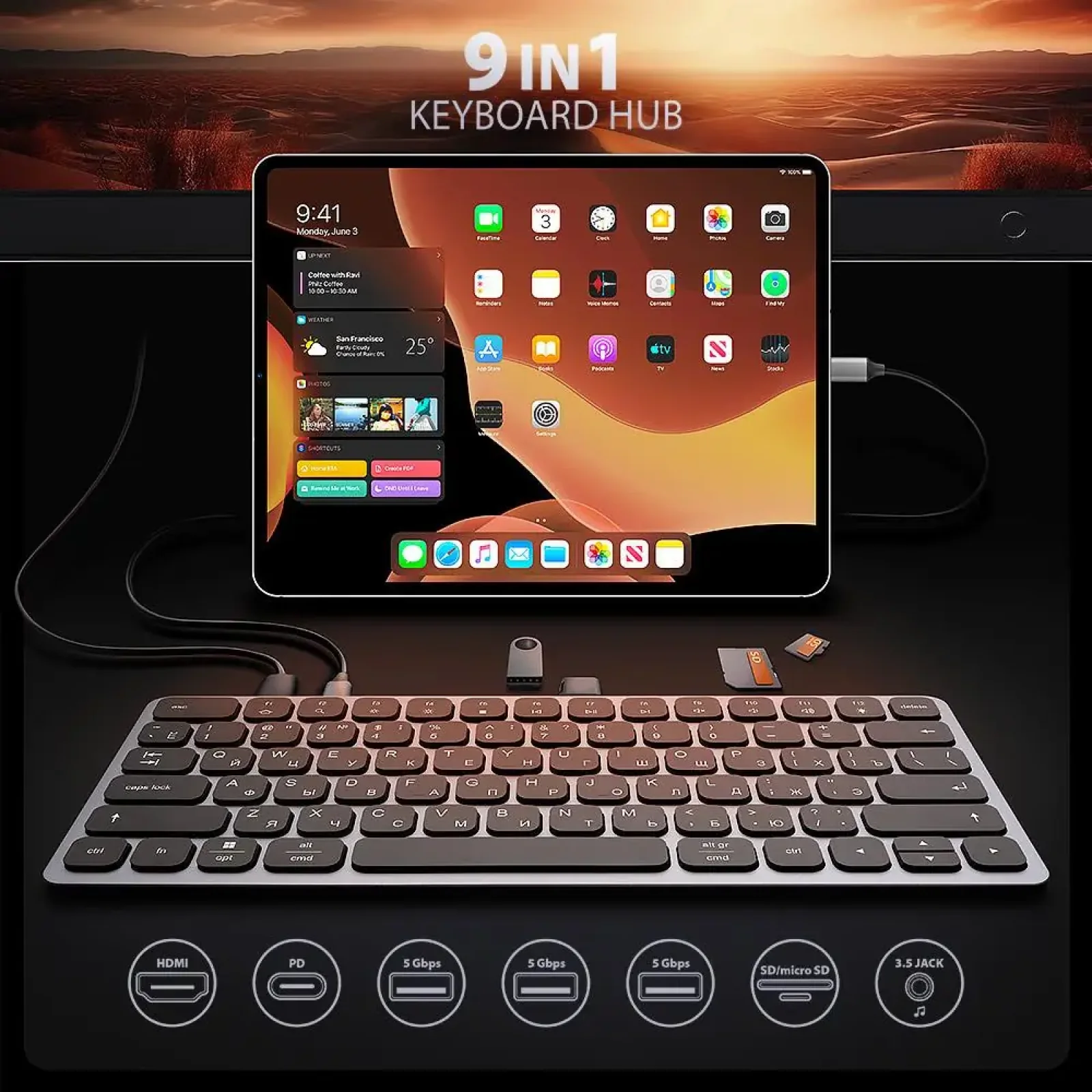 Клавиатура Axagon HMC-KB 9 in 1 Layout USB Silver/Black (HMC-KB-CRL) UA