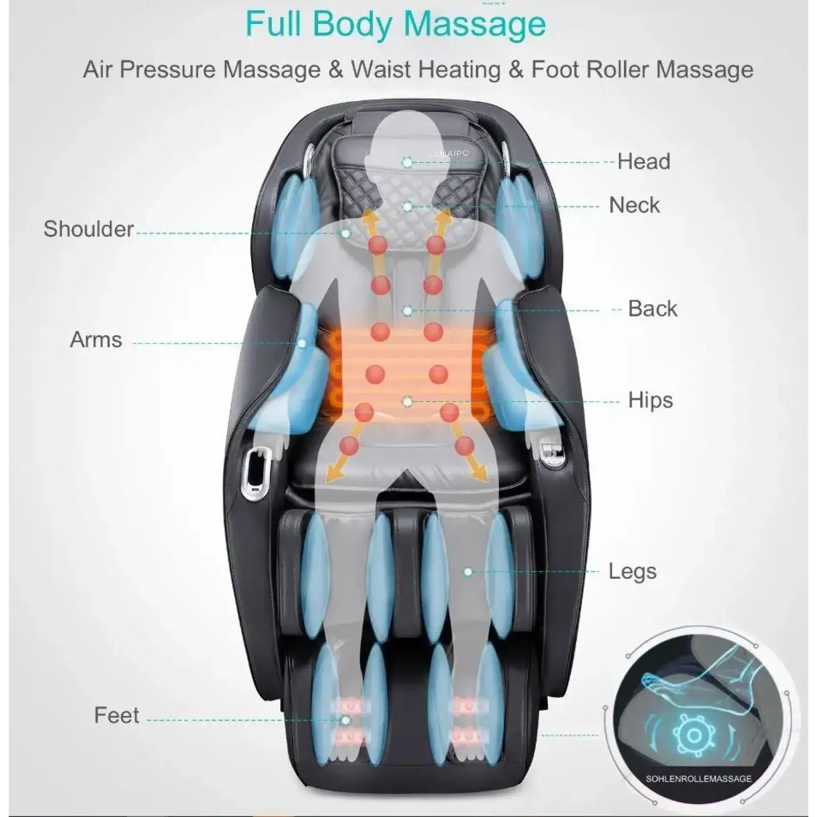 Масажне крісло Naipo MGC-A350 Full Body Music Massage Chair з масажем для ніг, колір Brown (MGC-A350) (MGC-A350(BROWN)) UA