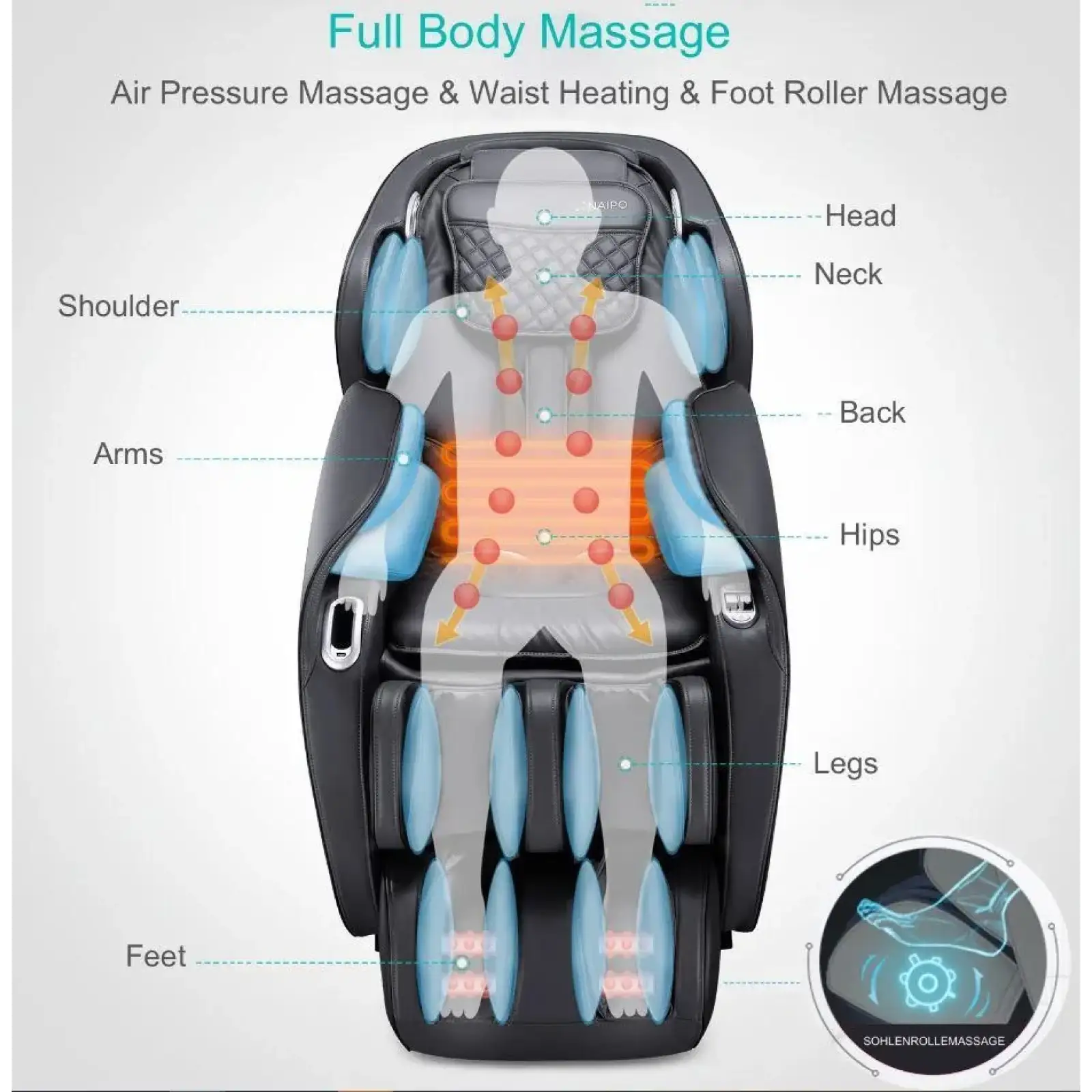 Масажне крісло Naipo MGC-A350 Full Body Music Massage Chair з масажем для ніг Black MGC-A350 UA
