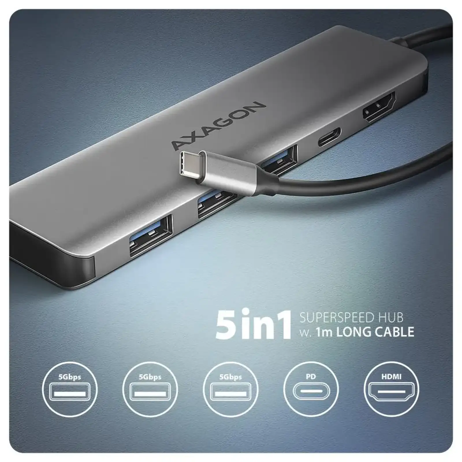 Хаб концентратор AXAGON HMC-5HL USB-C 5Гбіт/с SuperSpeed 5in1 hub, Сірий UA