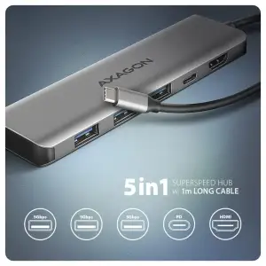 Хаб концентратор AXAGON HMC-5HL USB-C 5Гбіт/с SuperSpeed 5in1 hub, Сірий UA