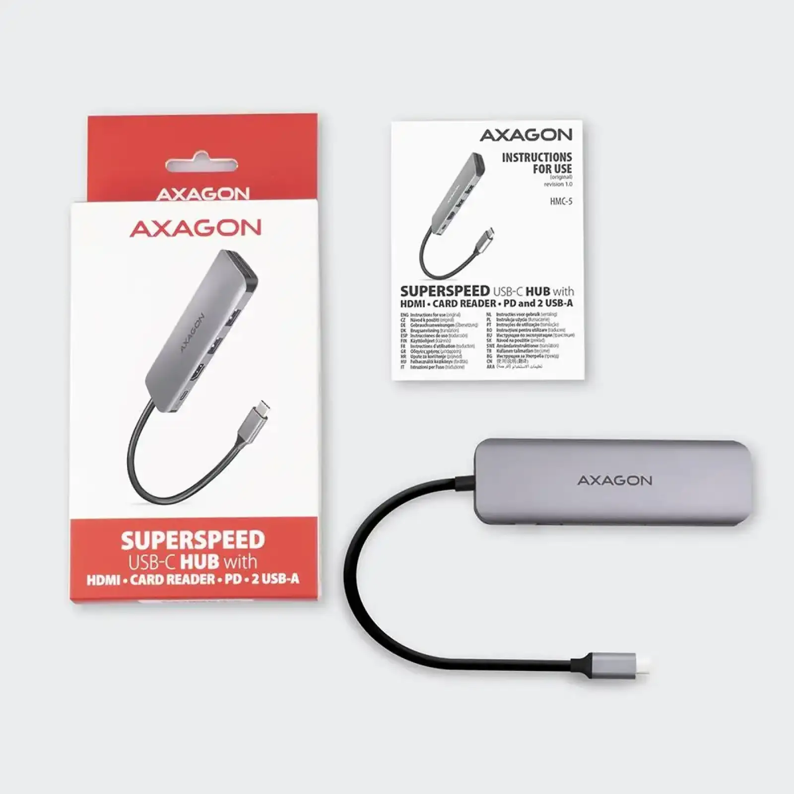 Хаб концентратор AXAGON HMC-5 SuperSpeed USB-C COMBO 5in1 hub, Сірий UA