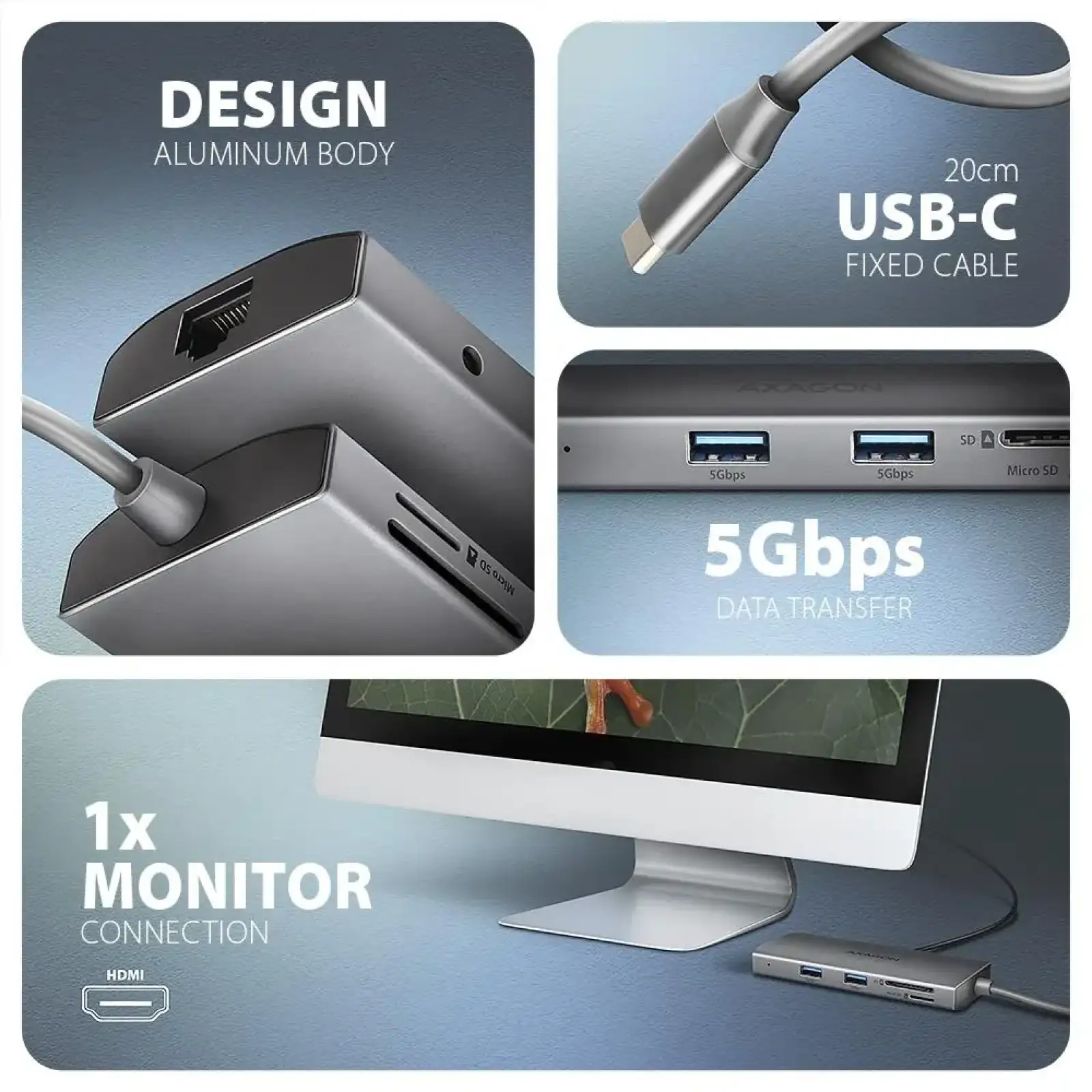 Хаб концентратор AXAGON HMC-8HLSA USB-C 5Гбіт/с 9in1 hub, Сірий UA
