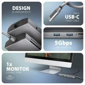 Хаб концентратор AXAGON HMC-8HLSA USB-C 5Гбіт/с 9in1 hub, Сірий UA