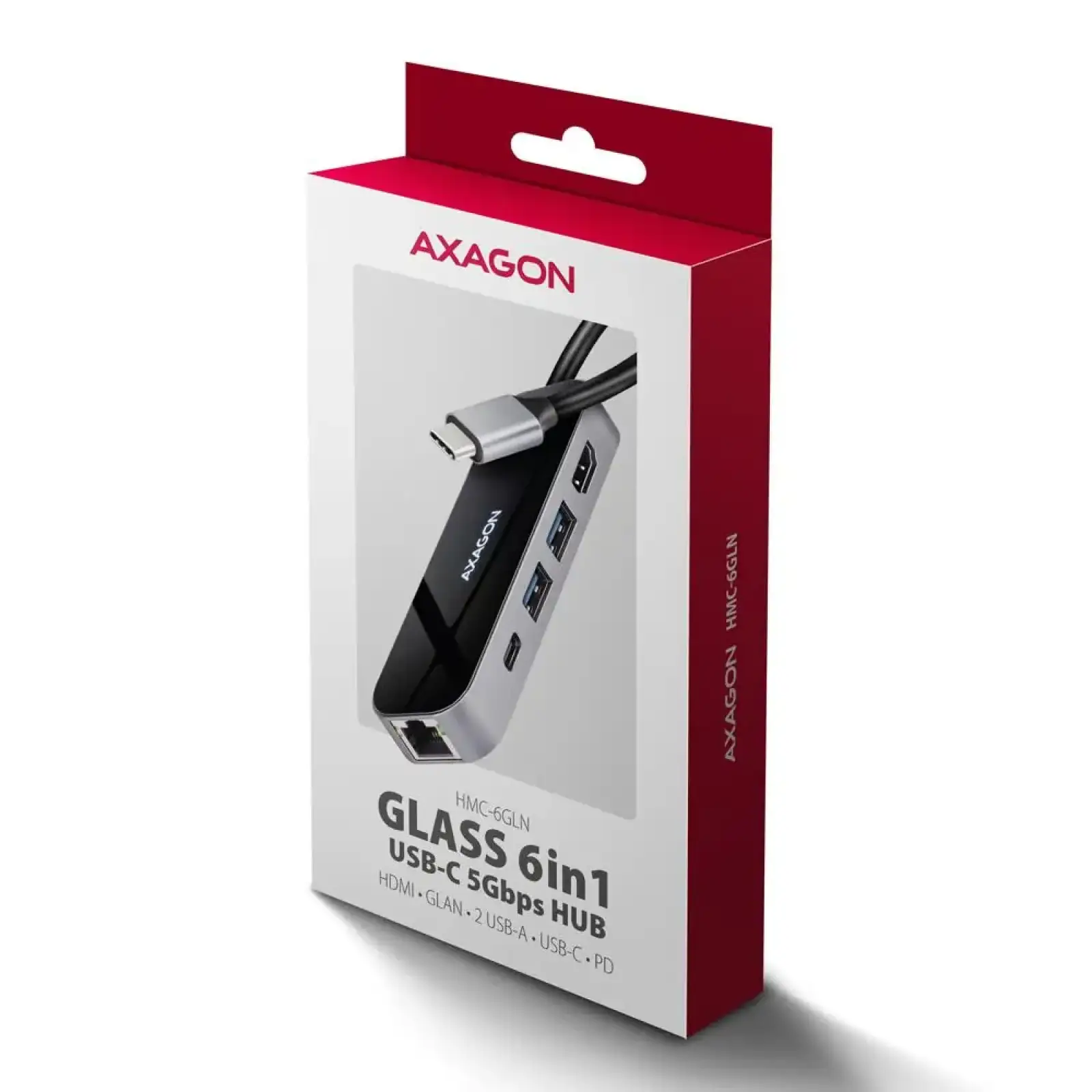Хаб концентратор AXAGON HMC-6GLN USB-C 5Гбіт/с GLASS 6in1 hub, Чорний/Сірий UA