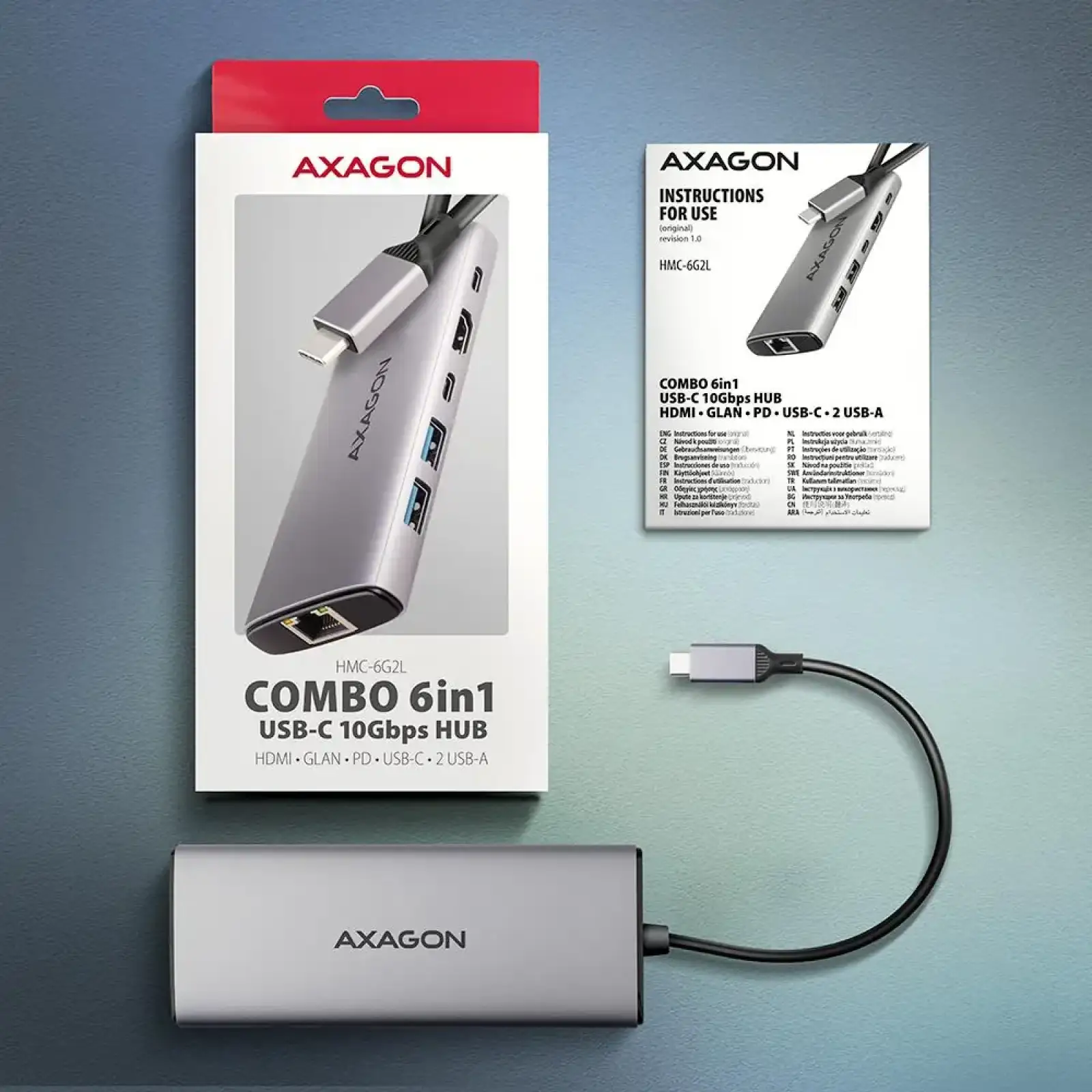 Хаб концентратор AXAGON HMC-6G2L USB-C 10Гбіт/с 6in1 hub, Сірий UA