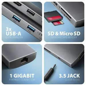 Хаб концентратор AXAGON HMC-8HLSA USB-C 5Гбіт/с 9in1 hub, Сірий UA