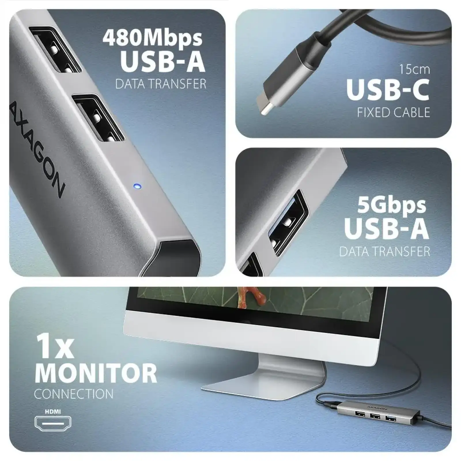 Хаб концентратор AXAGON HMC-H3A USB-C 5Гбіт/с STARTER 4in1 hub, Сірий UA