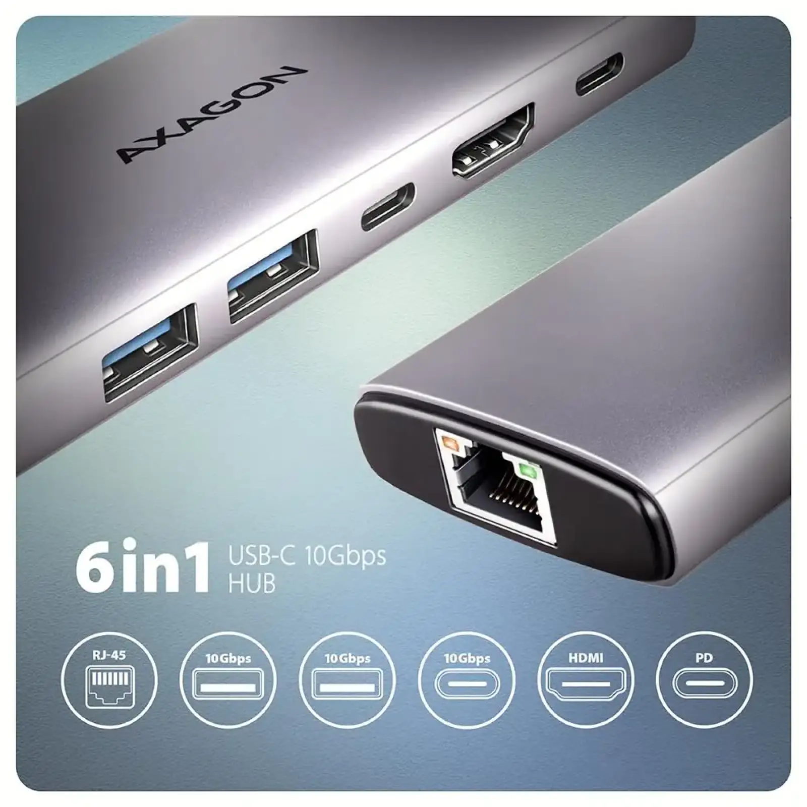 Хаб концентратор AXAGON HMC-6G2L USB-C 10Гбіт/с 6in1 hub, Сірий UA