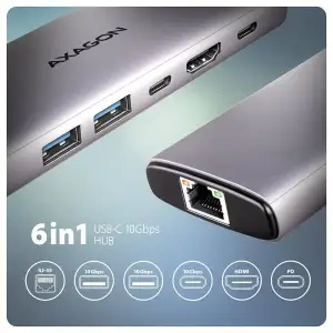 Хаб концентратор AXAGON HMC-6G2L USB-C 10Гбіт/с 6in1 hub, Сірий UA