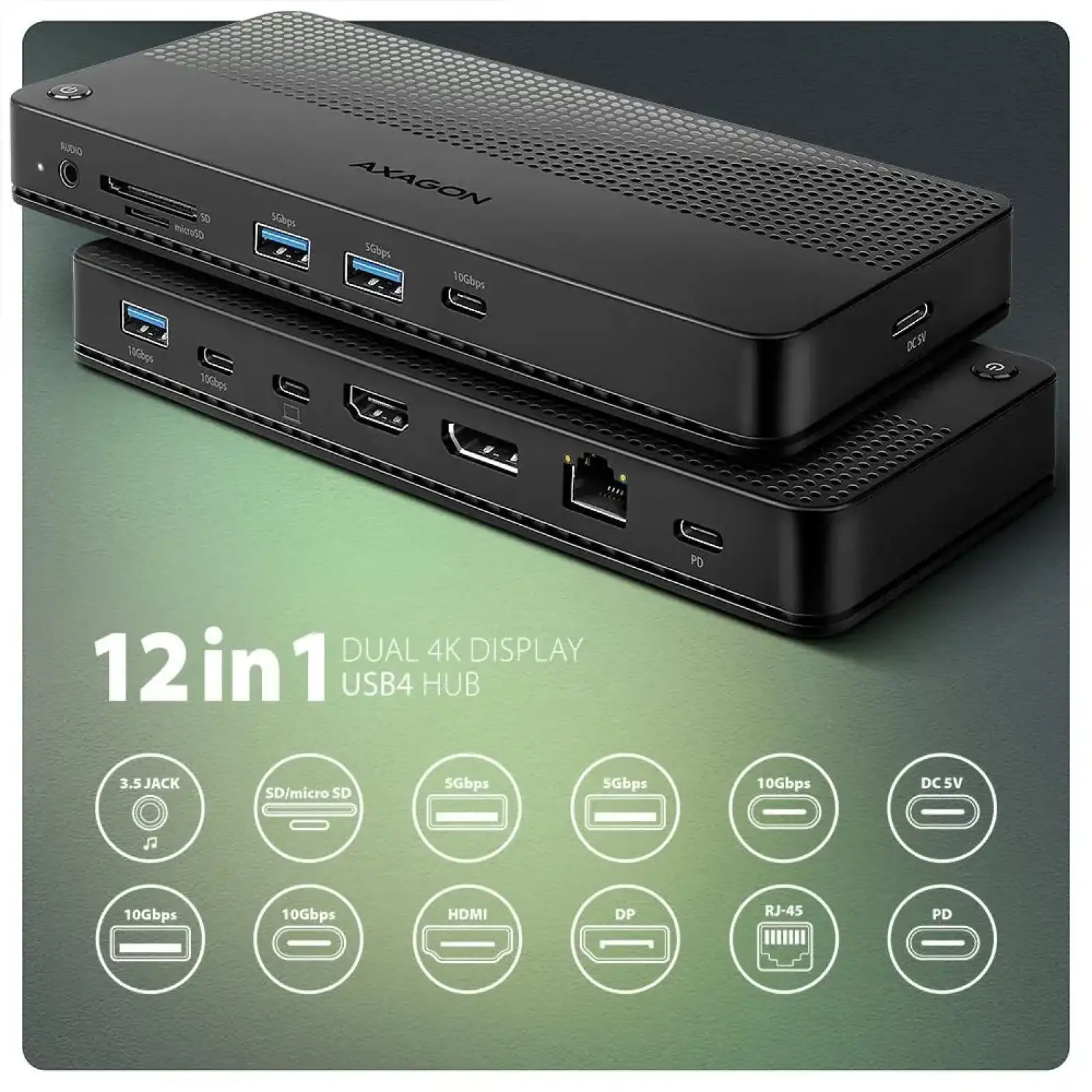 Хаб концентратор AXAGON HMC-U4 USB4 40Гбіт/с DUAL 4K DISPLAY 12in1, Чорний UA