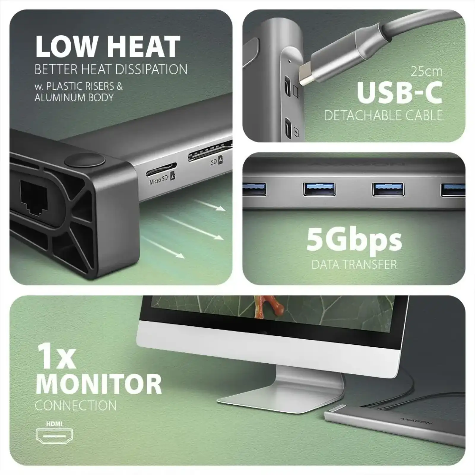 Хаб концентратор AXAGON HMC-10HLS USB-C 5Гбіт/с 9in1 hub, сірий UA