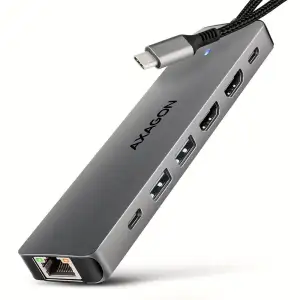 Хаб концентратор AXAGON HMC-8HLSA USB-C 5Гбіт/с 9in1 hub, Сірий (HMC-7HX2) UA
