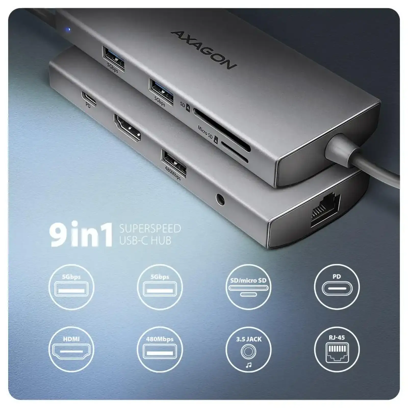 Хаб концентратор AXAGON HMC-8HLSA USB-C 5Гбіт/с 9in1 hub, Сірий UA