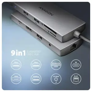 Хаб концентратор AXAGON HMC-8HLSA USB-C 5Гбіт/с 9in1 hub, Сірий UA