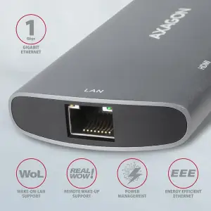 Хаб концентратор AXAGON HMC-7HX2 USB-C 5Гбіт/с DUAL 4K DISPLAY 7in1 hub, Сірий (HMC-6M2) UA