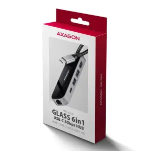 Хаб концентратор AXAGON HMC-6GLN USB-C 5Гбіт/с GLASS 6in1 hub, Чорний/Сірий UA