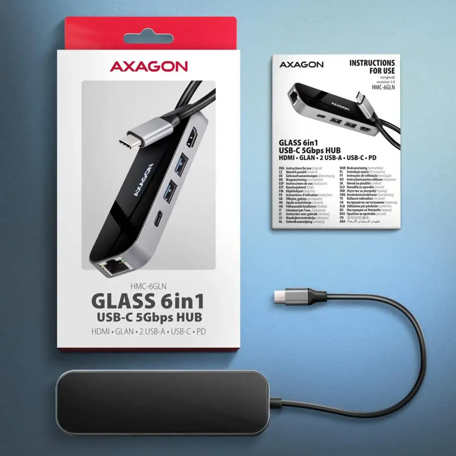 Хаб концентратор AXAGON HMC-6GLN USB-C 5Гбіт/с GLASS 6in1 hub, Чорний/Сірий UA