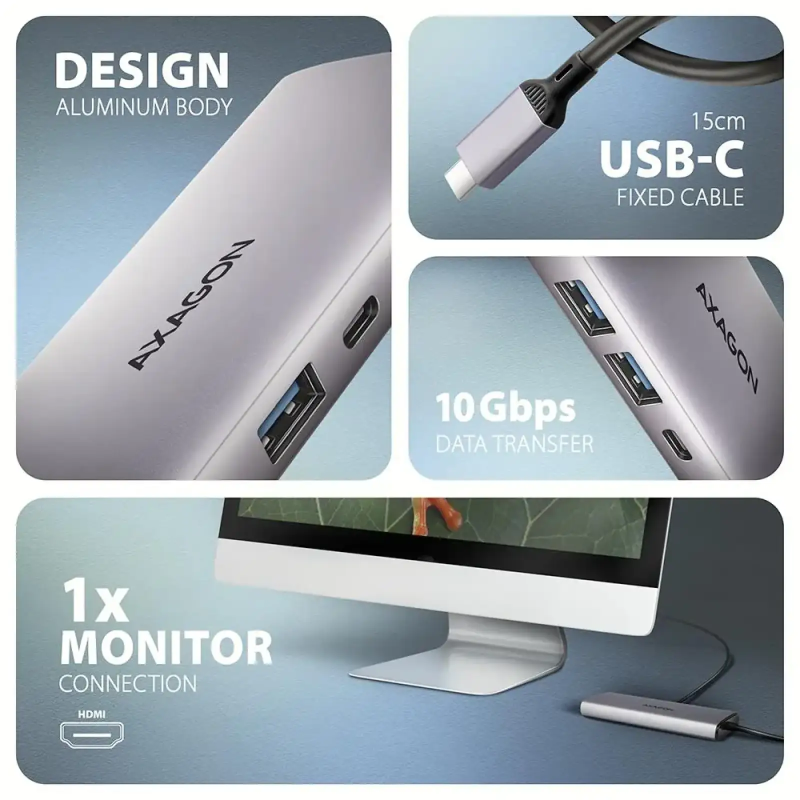 Хаб концентратор AXAGON HMC-6G2L USB-C 10Гбіт/с 6in1 hub, Сірий UA