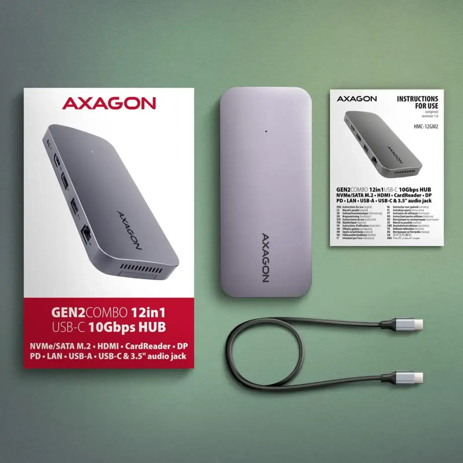 Хаб концентратор AXAGON HMC-12GM2 USB-C 10 Гбіт/с GEN2COMBO 12-в-1 PD 100W, Сірий UA
