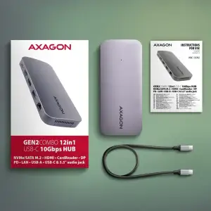 Хаб концентратор AXAGON HMC-12GM2 USB-C 10 Гбіт/с GEN2COMBO 12-в-1 PD 100W, Сірий UA