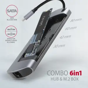 Хаб концентратор AXAGON HMC-7HX2 USB-C 5Гбіт/с DUAL 4K DISPLAY 7in1 hub, Сірий (HMC-6M2) UA