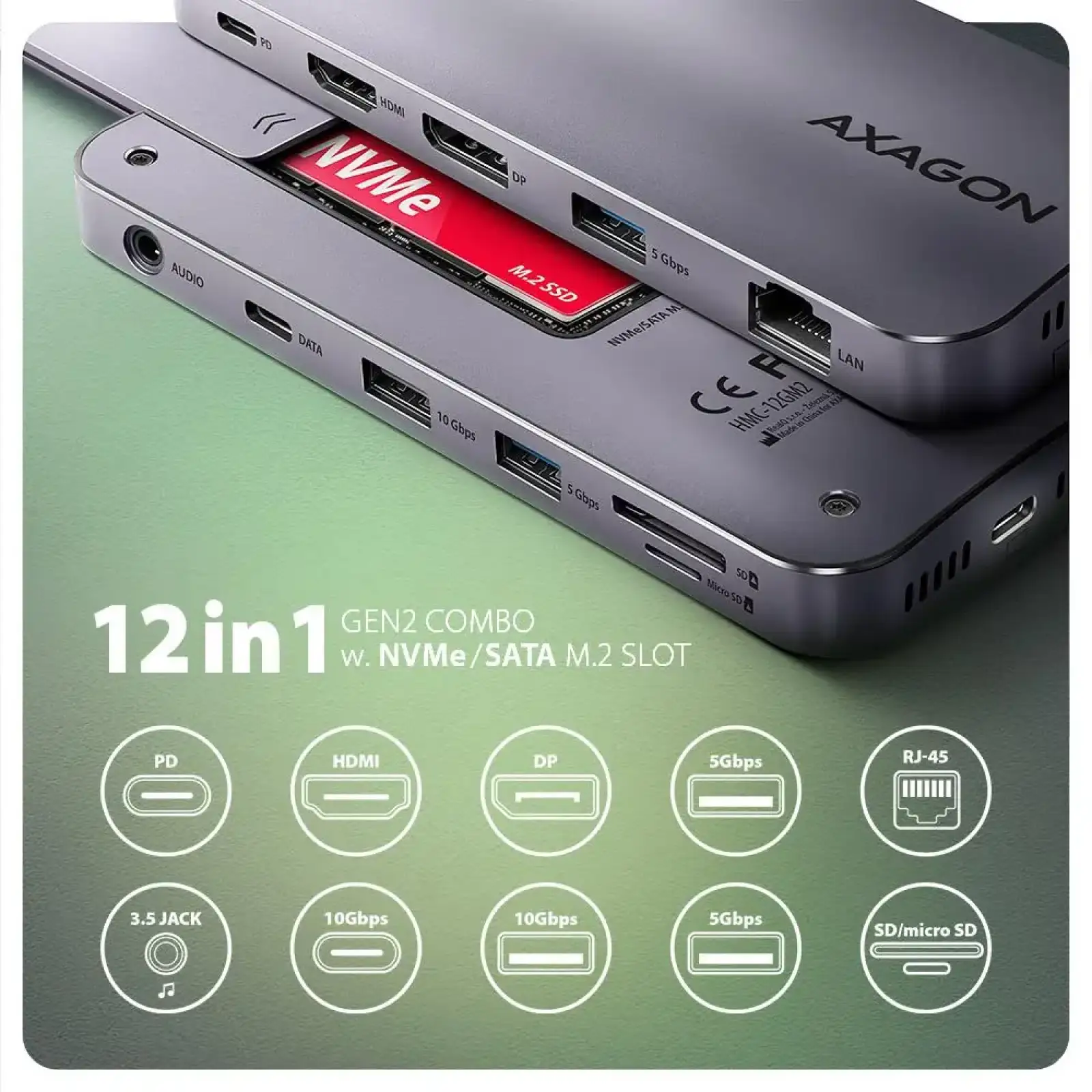 Хаб концентратор AXAGON HMC-12GM2 USB-C 10 Гбіт/с GEN2COMBO 12-в-1 PD 100W, Сірий UA