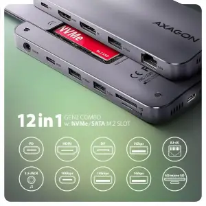 Хаб концентратор AXAGON HMC-12GM2 USB-C 10 Гбіт/с GEN2COMBO 12-в-1 PD 100W, Сірий UA