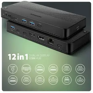 Хаб концентратор AXAGON HMC-U4 USB4 40Гбіт/с DUAL 4K DISPLAY 12in1, Чорний UA