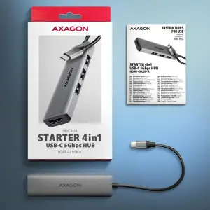 Хаб концентратор AXAGON HMC-H3A USB-C 5Гбіт/с STARTER 4in1 hub, Сірий UA