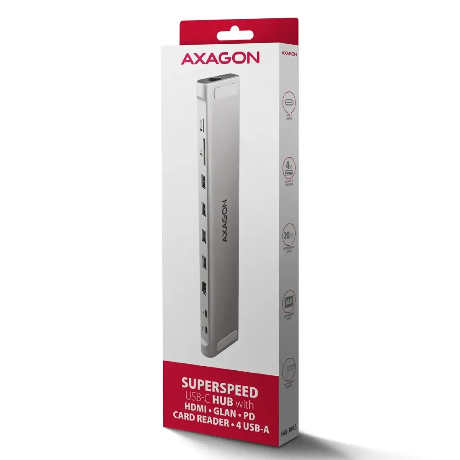 Хаб концентратор AXAGON HMC-10HLS USB-C 5Гбіт/с 9in1 hub, сірий UA