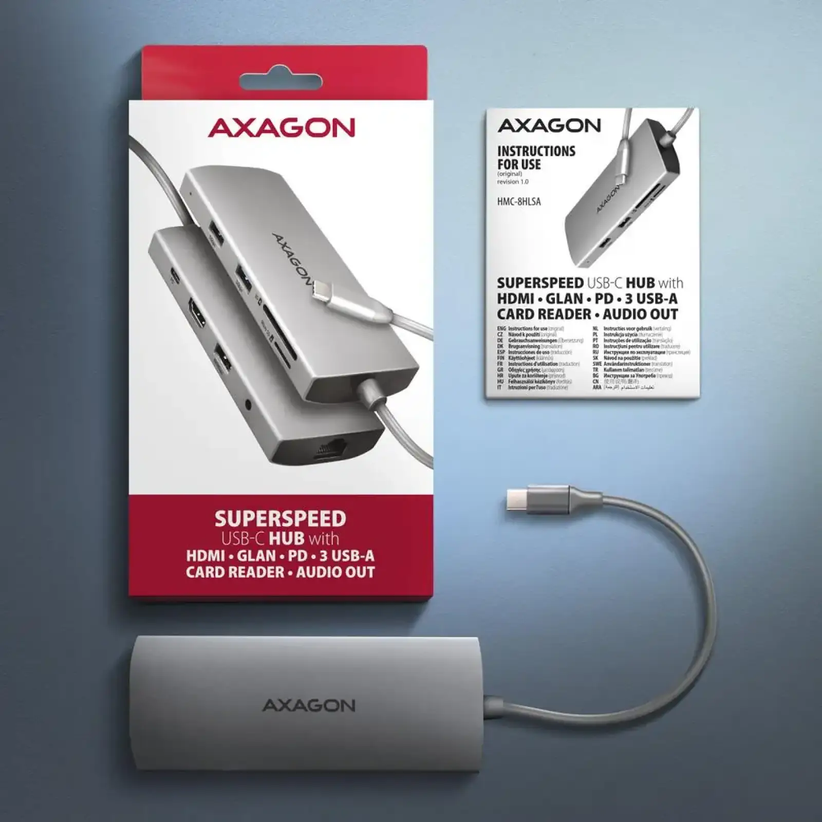 Хаб концентратор AXAGON HMC-8HLSA USB-C 5Гбіт/с 9in1 hub, Сірий UA