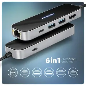 Хаб концентратор AXAGON HMC-6GLN USB-C 5Гбіт/с GLASS 6in1 hub, Чорний/Сірий UA