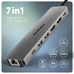 Хаб концентратор AXAGON HMC-8HLSA USB-C 5Гбіт/с 9in1 hub, Сірий (HMC-7HX2) UA