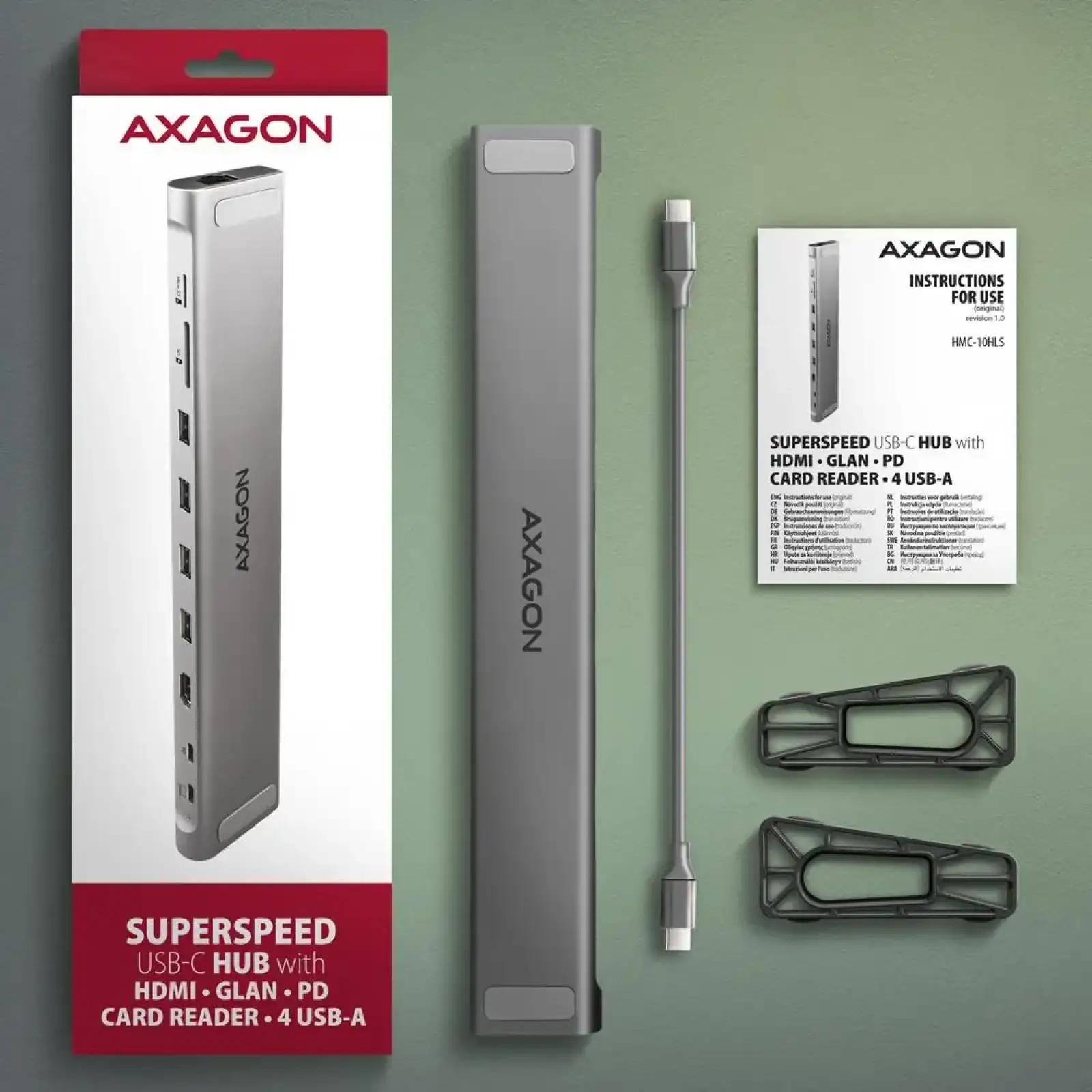 Хаб концентратор AXAGON HMC-10HLS USB-C 5Гбіт/с 9in1 hub, сірий UA