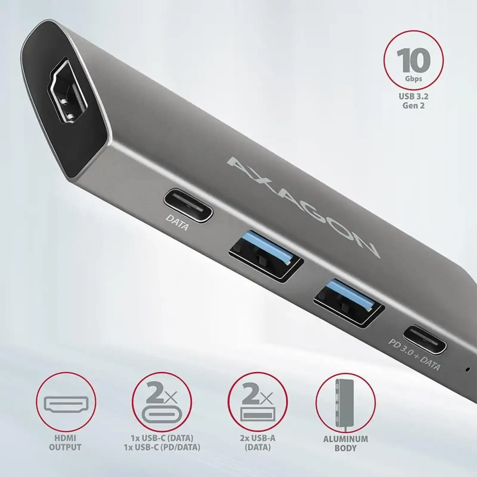 Хаб концентратор AXAGON HMC-5G2 USB-C 10Гбіт/с SPEEDSTER 5in1 hub (rev2.0), Сірий UA