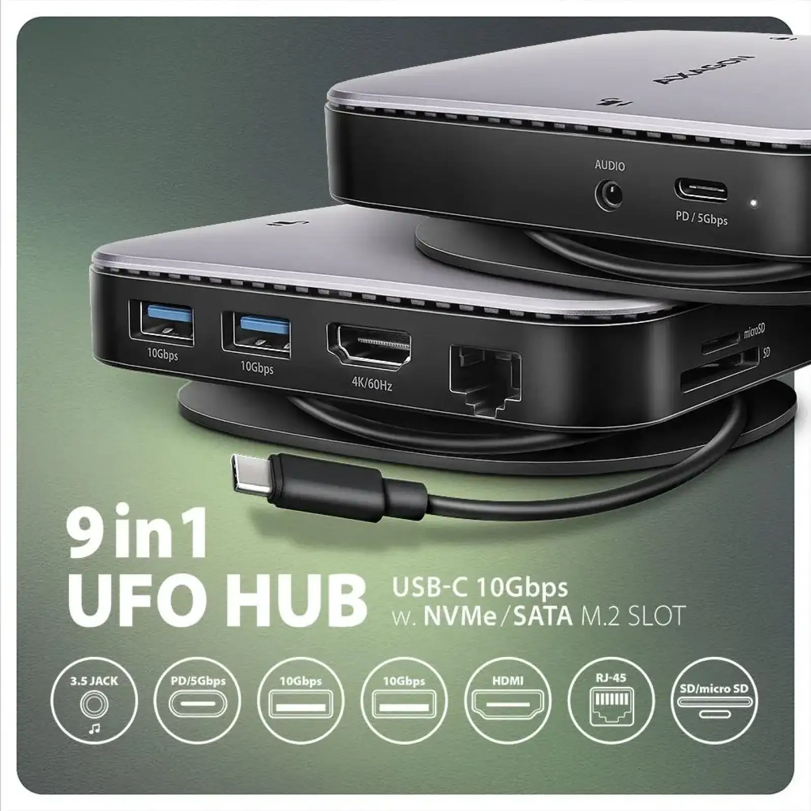 Хаб концентратор AXAGON HMC-UFO USB-C 10Гбіт/с UFO 9in1 hub, Сірий UA