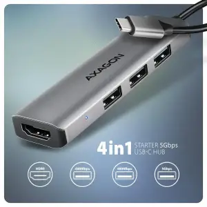Хаб концентратор AXAGON HMC-H3A USB-C 5Гбіт/с STARTER 4in1 hub, Сірий UA