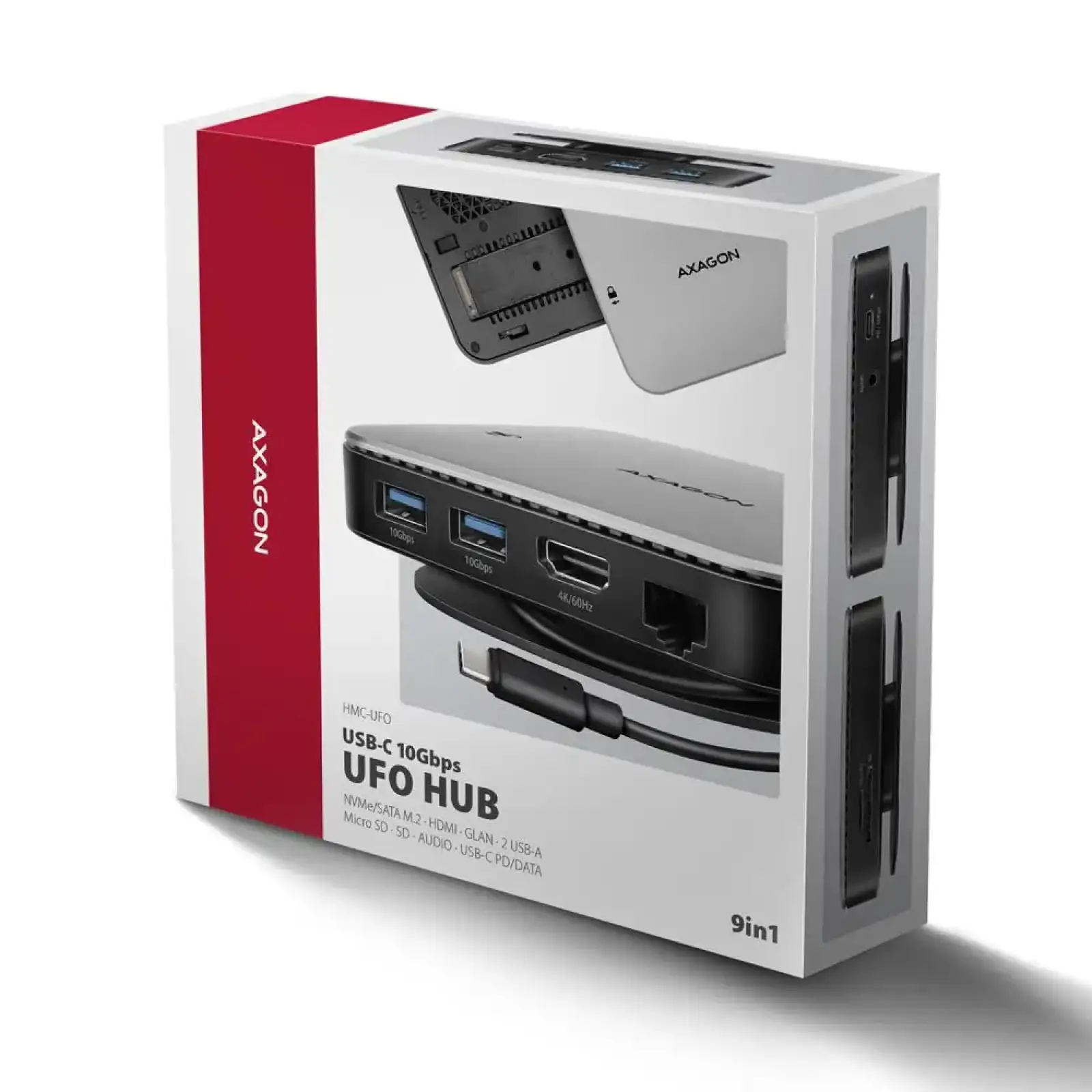 Хаб концентратор AXAGON HMC-UFO USB-C 10Гбіт/с UFO 9in1 hub, Сірий UA