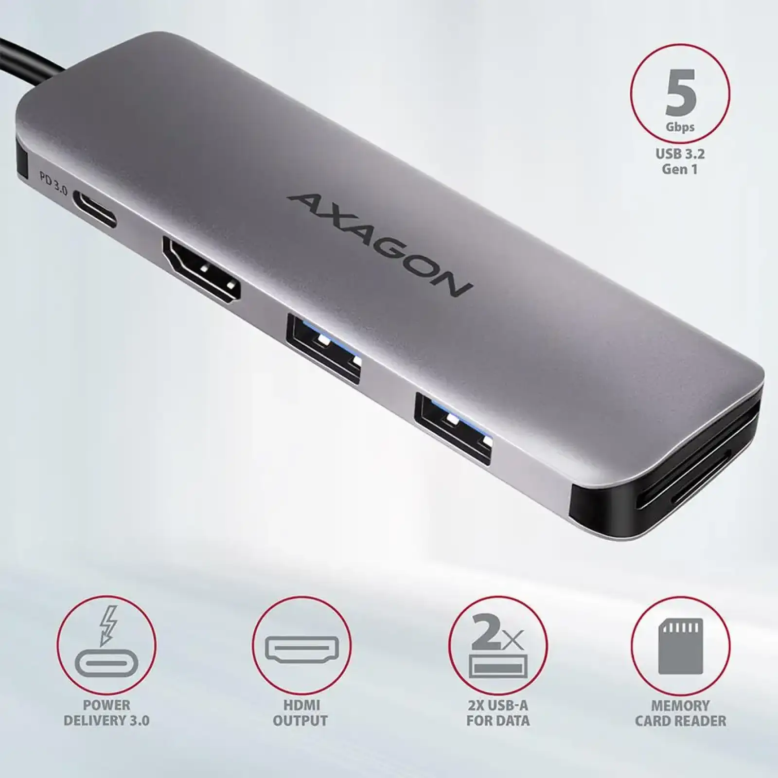 Хаб концентратор AXAGON HMC-5 SuperSpeed USB-C COMBO 5in1 hub, Сірий UA