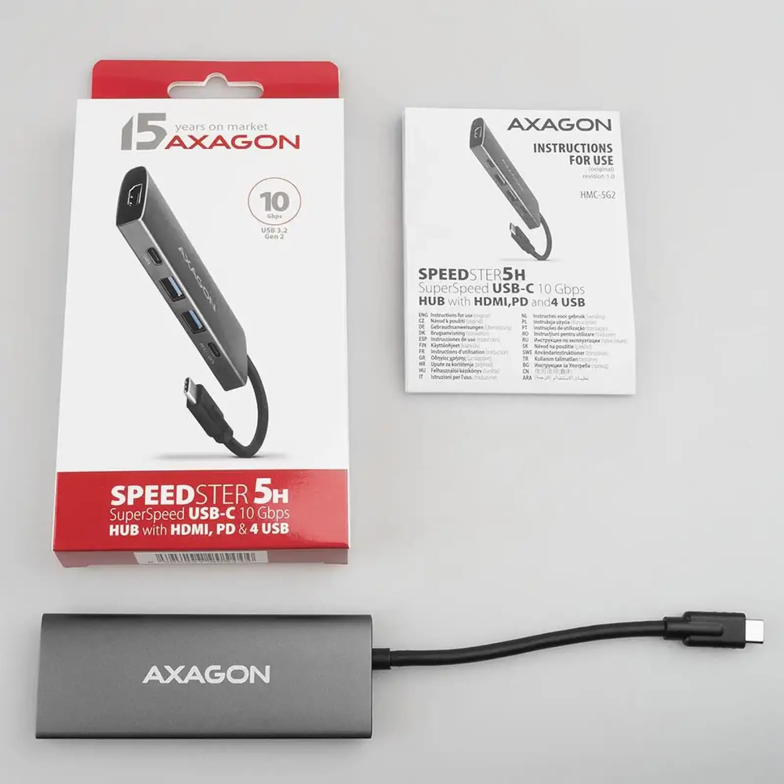 Хаб концентратор AXAGON HMC-5G2 USB-C 10Гбіт/с SPEEDSTER 5in1 hub (rev2.0), Сірий UA