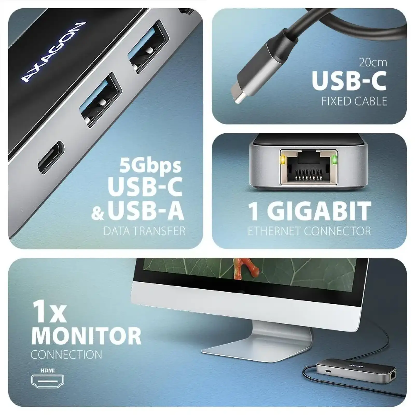 Хаб концентратор AXAGON HMC-6GLN USB-C 5Гбіт/с GLASS 6in1 hub, Чорний/Сірий UA