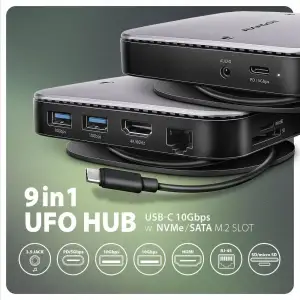 Хаб концентратор AXAGON HMC-UFO USB-C 10Гбіт/с UFO 9in1 hub, Сірий UA