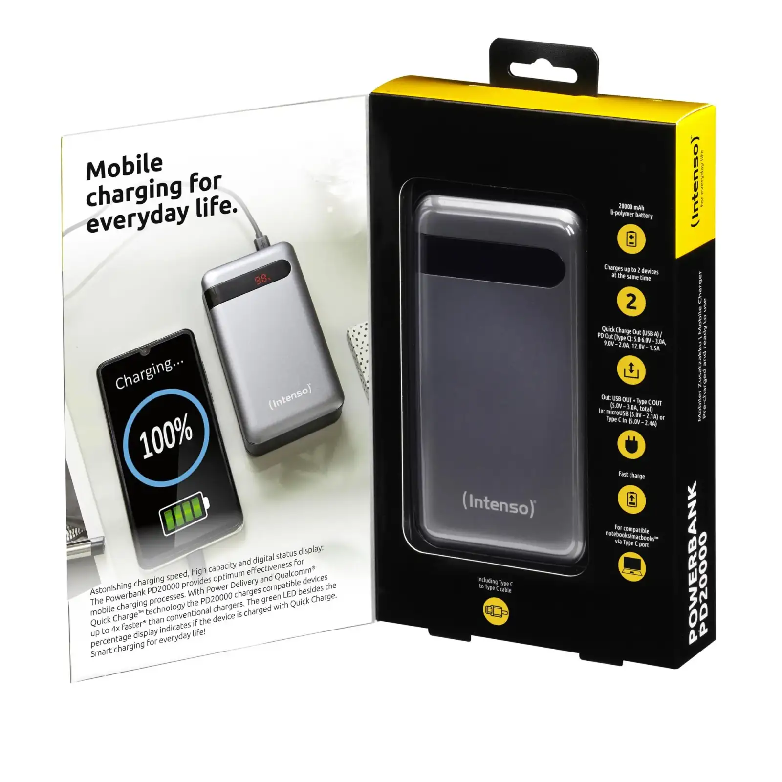 Зовнішній акумулятор USB 20000MAH QC3.0 ANTHRACITE PD20000 INTENSO (7332354) UA